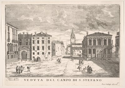 Plaat 95: Uitzicht op Campo Santo Stefano met het Loredan Paleis en Morosini Paleis, Venetië, 1703 door Luca Carlevarijs