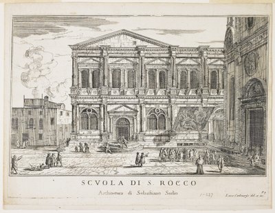 Zicht op de Broederschap van St. Rocco, plaat uit De Gebouwen en Zichten van Venetië, 1703, 1750-53 door Luca Carlevaris