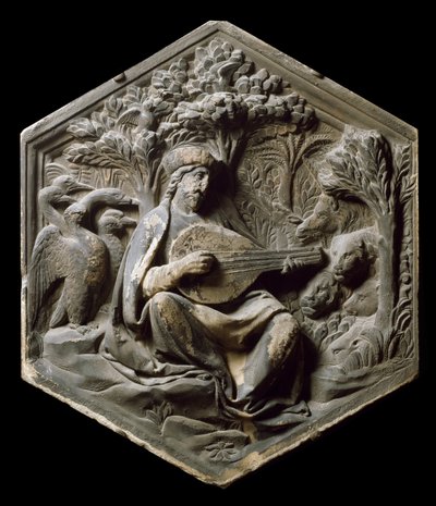 Allegorie van Muziek als Orpheus De dieren van het bos luisteren naar Orpheus die de luit speelt. Hoog reliëf door Luca della Robbia door Luca Della Robbia