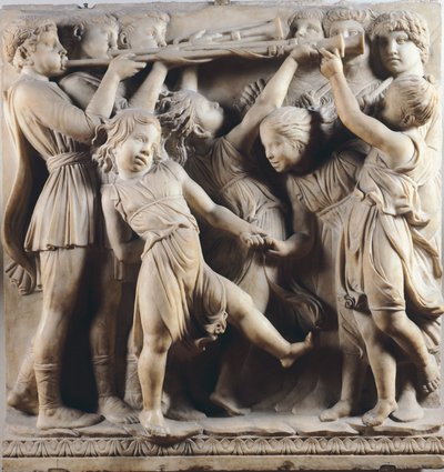 Kinderen en cherubijnen dansend, zingend en spelend (detail) door Luca Della Robbia