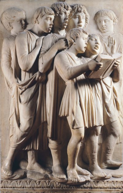 Kinderen en cherubijnen zingen (detail) door Luca Della Robbia