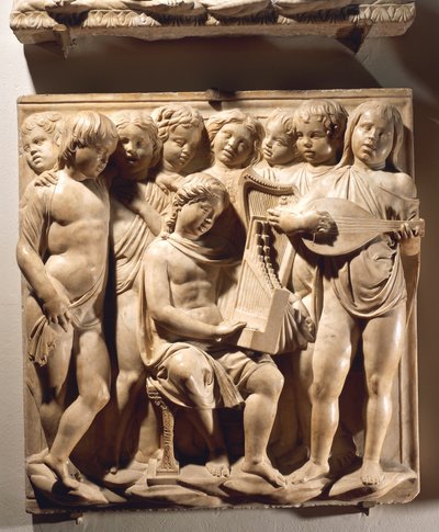 Laudate Eum in chordis et organo (Psalm 150, Laudate Dominum), paneel met jongens die zingen met orgel, harp en luit door Luca Della Robbia