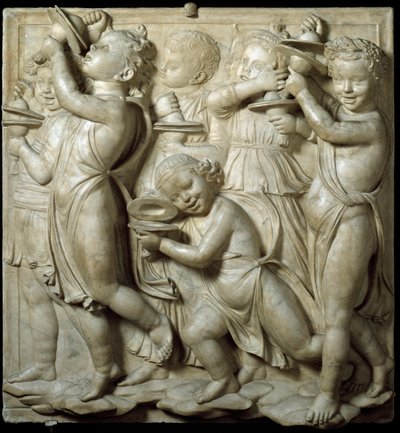 Paneel van de Cantoria of tribune van zangers: kind dat cymbalen speelt. Hoog marmeren reliëf door Luca della Robbia (ca. 1400-1482) 1431-1438 door Luca Della Robbia