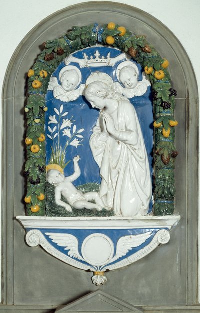 De Maagd die het Kind Aanbidt Hoog Reliëf door Luca della Robbia (1400-1482) 15e eeuw Heiligdom van Verna, Italië door Luca Della Robbia