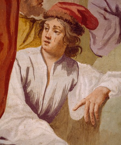 Lycaon, zoon van Antenor, wijdt de dolk van Apollo in Delphi, episode uit de mythe van Antenor door Luca Ferrari