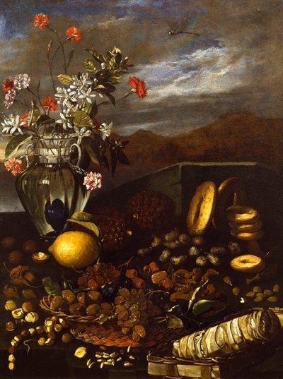 Stilleven met gedroogd fruit, bloemen en landschap door Luca Forte
