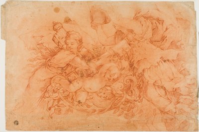 Allegorische figuren met de pauselijke insignia, studie naar de Allegorie van de Goddelijke Voorzienigheid in Palazzo Barberini in Rome door Luca Giordano
