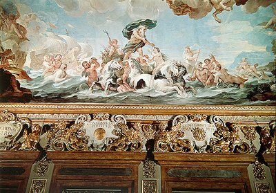 Neptunus, detail van het plafond in de galerij door Luca Giordano