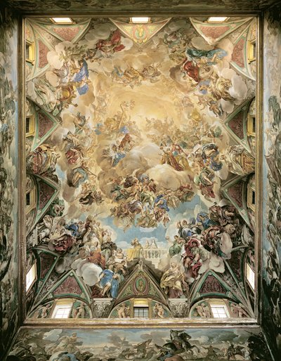 De hemelse glorie en de triomf van de Habsburgers, van het plafond boven de grote trap door Luca Giordano
