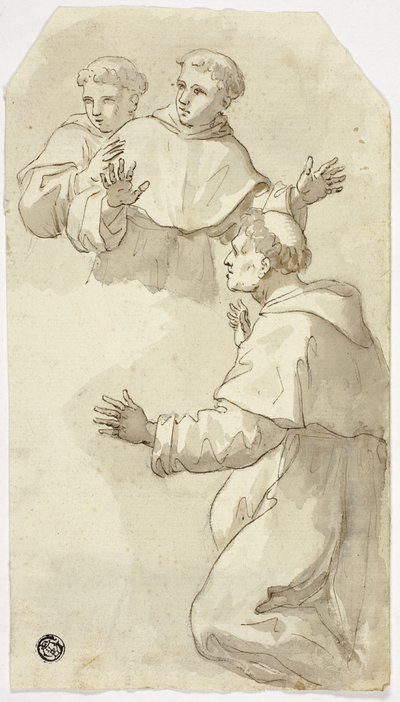 Drie geschrokken monniken, één knielend, twee staand door Luca Giordano