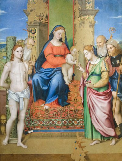 Mystiek huwelijk van Sint-Catharina van Alexandrië met heiligen Sebastiaan en Hiëronymus door Luca Longhi