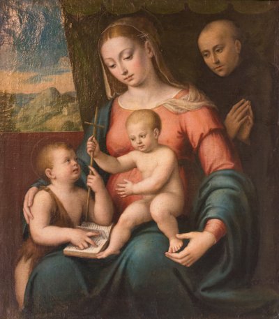 Maagd met Kind, de jonge St. Johannes en een St. Nicolaas van Tolentino door Luca Longhi