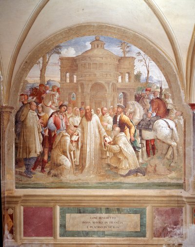 Benedictus stuurt Maurus naar Frankrijk en Placidus naar Sicilië door Luca Signorelli