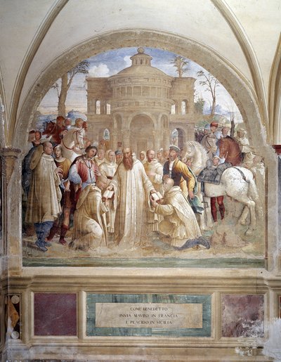 Benedictus stuurt Maurus naar Frankrijk en Placidus naar Sicilië (fresco van de kloostergang gemaakt door Luca Signorelli die het leven van Sint Benedictus van Nursia (480 - 567) stichter van de Orde van Benedictijnen vertelt 1497- door Luca Signorelli