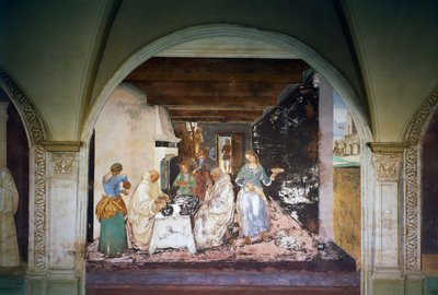 Benedictus vertelt twee monniken wanneer en waar ze buiten het klooster hebben gegeten, scène uit het leven van Sint Benedictus door Luca Signorelli