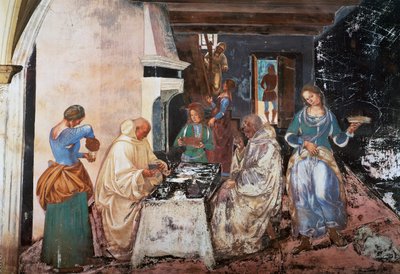 Benedictus vertelt de monniken waar en wanneer ze aten terwijl ze buiten het klooster waren, scène uit de Verhalen van St. Benedictus door Luca Signorelli
