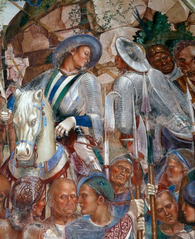 Benoit herkent en verwelkomt de koning van de Goten Totila die persoonlijk is gekomen om zijn excuses aan te bieden voor het op de proef stellen van Benoit (detail) door Luca Signorelli