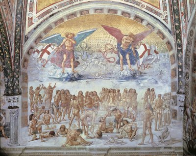 Close-up van een fresco in een kathedraal, Opstanding van het Vlees, Luca Signorelli, Orvieto, Umbrië, Italië door Luca Signorelli