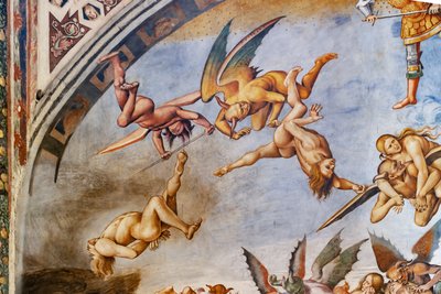 Verdoemd naar de hel, detail met duivels en verdoemden door Luca Signorelli