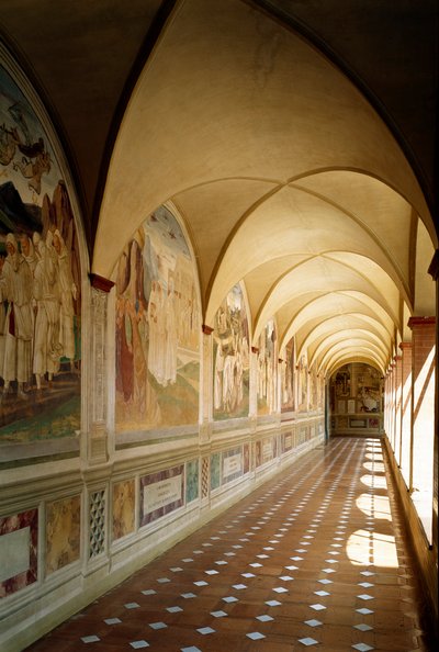 Binnenaanzicht van de Benedictijner Abdij van Monte Oliveto Maggiore in Siena door Luca Signorelli