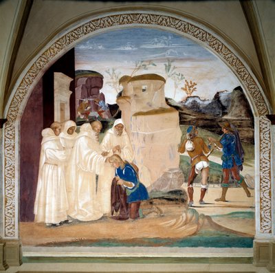 Het leven van Sint Benedictus van Nursia: Benedictus vermaant de broer van monnik Valerian die zijn vasten heeft gebroken door Luca Signorelli