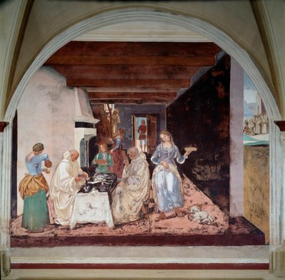 Het leven van Sint Benedictus van Nursia: Hoe Benedictus de monniken vertelde waar en wanneer het gepland is om buiten het klooster te eten door Luca Signorelli