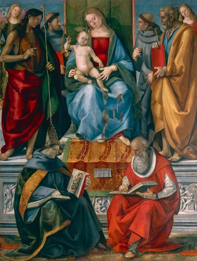 Madonna en kind met Johannes de Doper, Franciscus van Assisi, Antonius van Padua, Joseph Bonaventure en Hiëronymus door Luca Signorelli