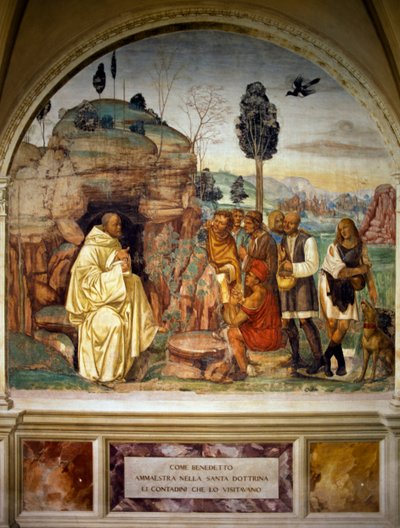 Paus Benedictus onderwijst heilige leer aan boeren, uit Verhalen van Sint Benedictus van Monte Oliveto Maggiore door Luca Signorelli