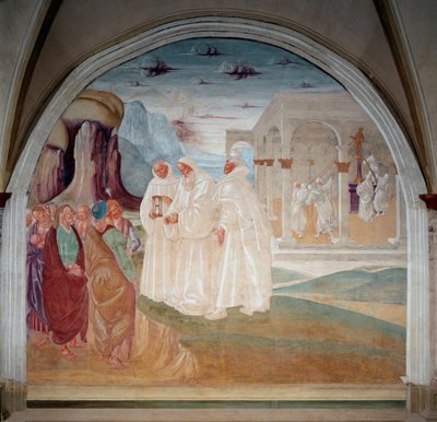 Sint Benedictus evangeliseert de inwoners van Monte Cassino, op de achtergrond hakken de monniken een standbeeld van Apollo om door Luca Signorelli