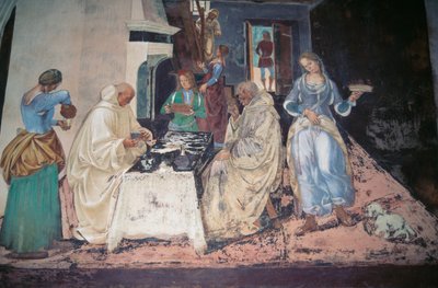 Sint Benedictus berispt twee monniken die de Regel hebben overtreden, scène uit de Verhalen van Sint Benedictus van Monte Oliveto Maggiore door Luca Signorelli