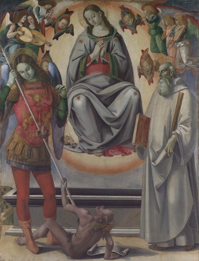 De Hemelvaart van de Maagd met Heiligen Michael en Benedictus door Luca Signorelli
