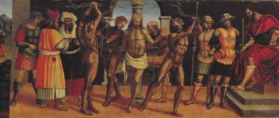 De Geseling, detail van de predella van het altaarstuk van de Drie-eenheid met Madonna en Kind en SS. Augustinus en Anastasius door Luca Signorelli