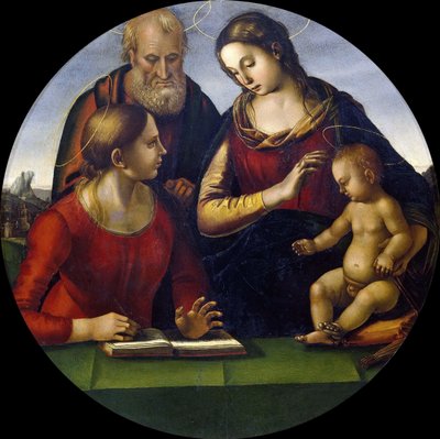 De Heilige Familie met een heilige door Luca Signorelli