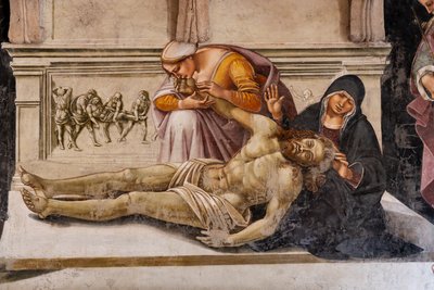 Het interieur, Kapel Nova of Kapel van St. Brizio, Kapel van de Heilige Lichamen: "Rouw om de dode Christus" tussen de twee heiligen van Orvieto (S. Parenzo rechts en S. Faustino links), door Luca Signorelli door Luca Signorelli
