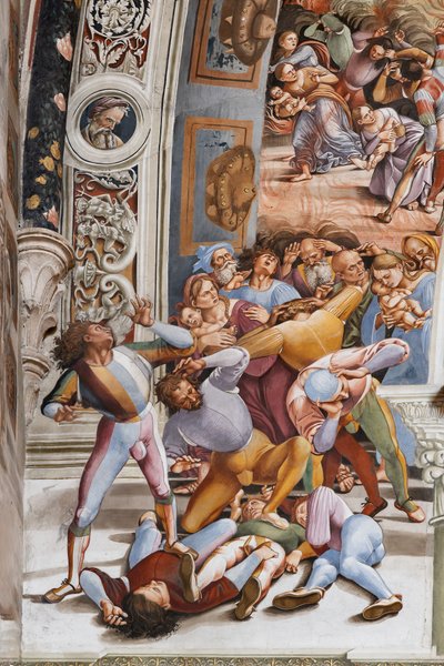 Het interieur, Kapel Nova of St. Brizio Kapel, noordelijke muur: "Pandemonium" (detail) door Luca Signorelli