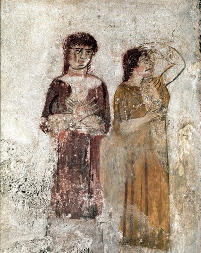 Portret van twee vrouwen Lucaanse fresco uit de 4e eeuw v.Chr., afkomstig uit het graf van de Ruiter, site van Paestum, Italië. Museo nazionale archeologico, Paestum door Lucanian School
