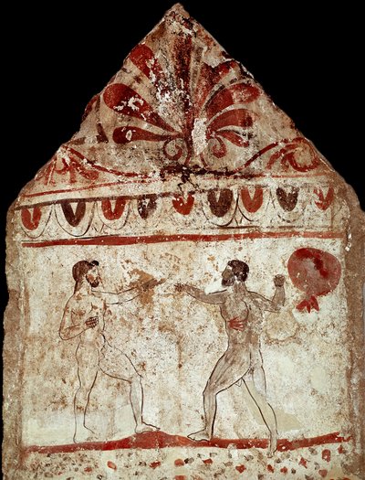 Twee atleten die pugilat (boksen) spelen. Lucaanse fresco uit de 4e eeuw v.Chr., uit de necropolis van Paestum, Italië door Lucanian School