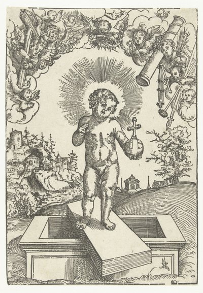 Christuskind als verlosser omringd door engelen met werktuigen van de passie door Lucas Cranach