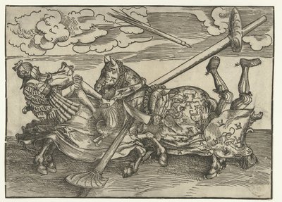 Duits toernooi met twee edelmannen als ridders te paard door Lucas Cranach