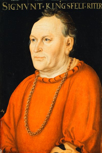 Portret van Sigmunt Kingsfelt, halflang, in een rood kostuum door Lucas Cranach