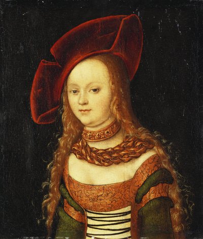 Portret van een jong meisje, halve lengte, gekleed in een groen en goud kostuum met een rode hoed door Lucas Cranach