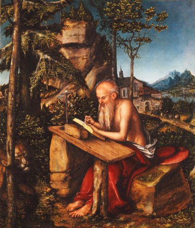 Sint Hiëronymus schrijvend in een rotsachtig landschap, ca. 1515 door Lucas Cranach