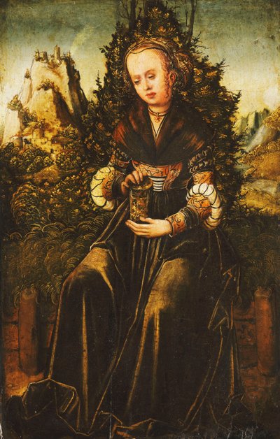Sint Maria Magdalena zittend op een grasrand in een bergachtig landschap door Lucas Cranach