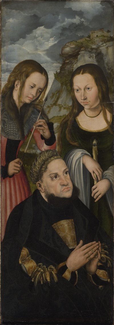 De keurvorst Frederik de Wijze van Saksen (1463-1525) met de heiligen Ursula (links) en Genevieve (rechts) door Lucas Cranach d.Æ.