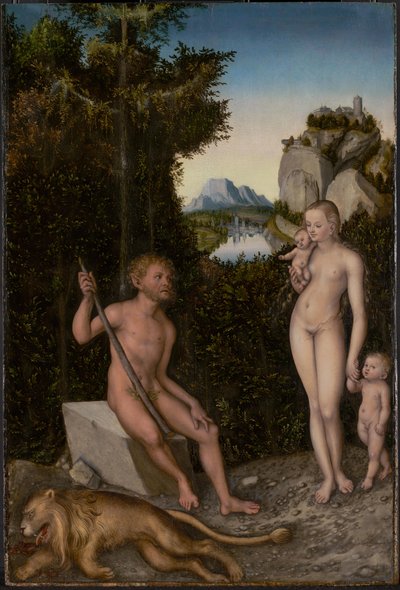 Een Faun en zijn familie met een gedode leeuw door Lucas Cranach the Elder