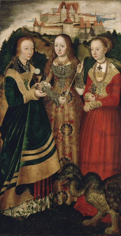 Altaarstuk met het martelaarschap van Sint Catharina, rechtervleugel: De Heilige Barbara, Ursula en Margaretha door Lucas Cranach the Elder