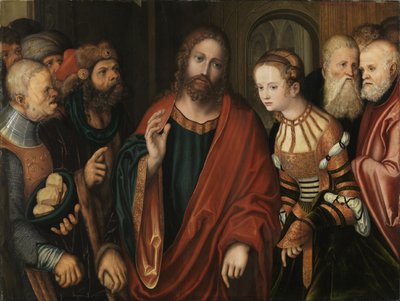 Christus en de vrouw betrapt op overspel door Lucas Cranach the Elder