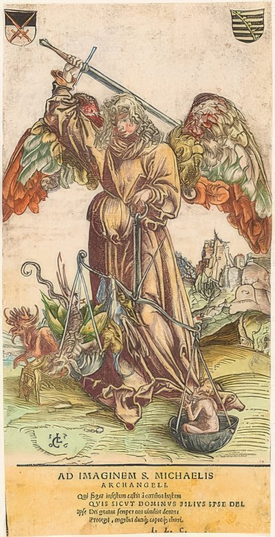 De heilige Michaël als zielenweger door Lucas Cranach the Elder