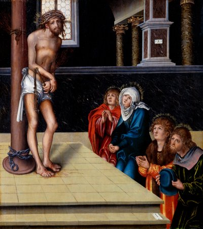 Duits: Christus als Schmerzensmann an der Geißelsäule Christus als man van smarten door Lucas Cranach the Elder