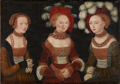 Duits: Die Prinzessinnen Sibylla (1515-1592), Emilia (1516-1591) und Sidonia (1518-1575) von Sachsen De prinsessen Sibylla (1515-1592), Emilia (1516-1591) en Sidonia (1518-1575) van Saksen door Lucas Cranach the Elder